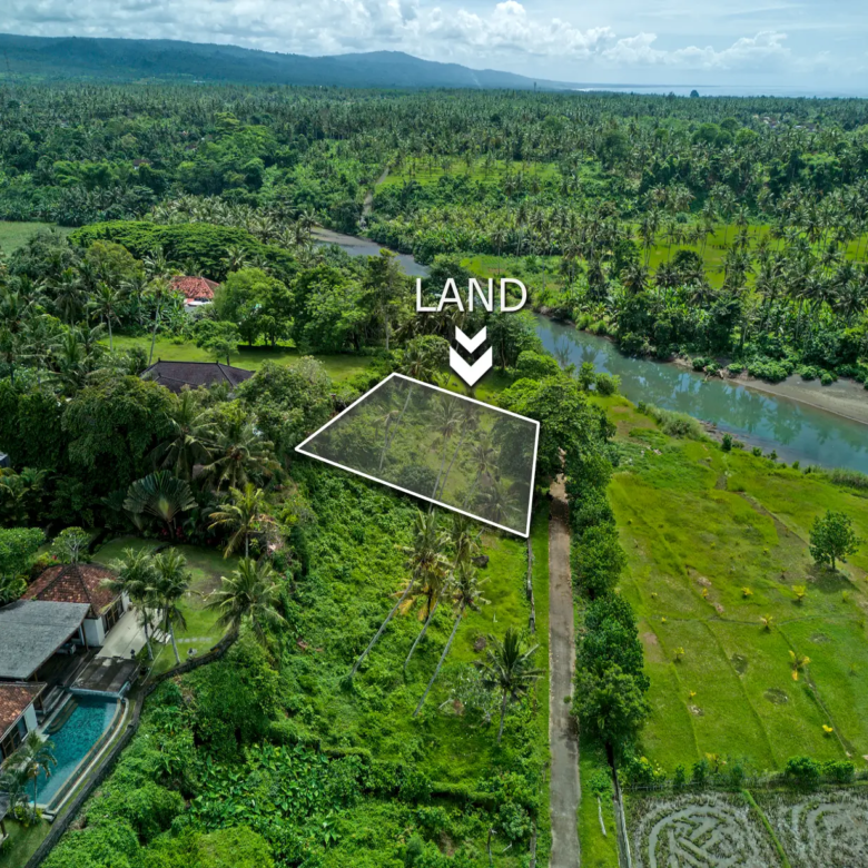 Drone shot of Pulukan riverside land overlooking tropical forest and nearby rice fields.