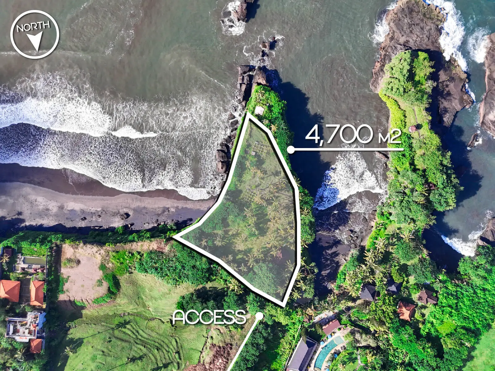 Top-down drone view of 4,700 m2 cliff-front land in Balian, Bali with direct access to the beach and dramatic coastline.