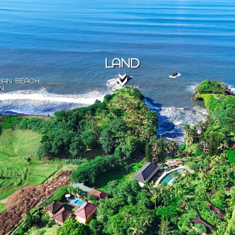 Drone shot of oceanfront land in Balian, Bali located 4 minutes from Balian Beach with panoramic sea views.