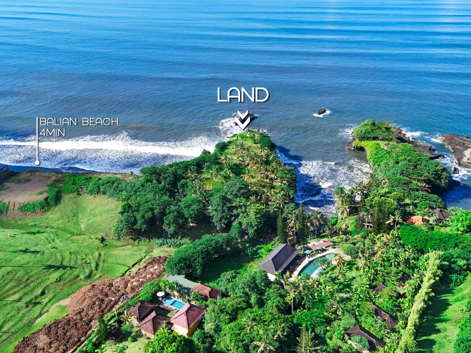 Drone shot of oceanfront land in Balian, Bali located 4 minutes from Balian Beach with panoramic sea views.