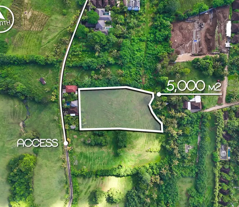 Top-down map view of 5,000m² freehold land in Mejan Bali with private road access, located just 2 minutes from the beach
