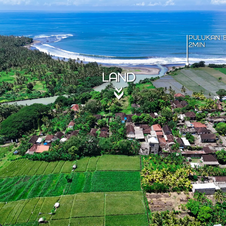 Aerial view of Pulukan village showing beachfront land location just 2 minutes from Pulukan Beach.
