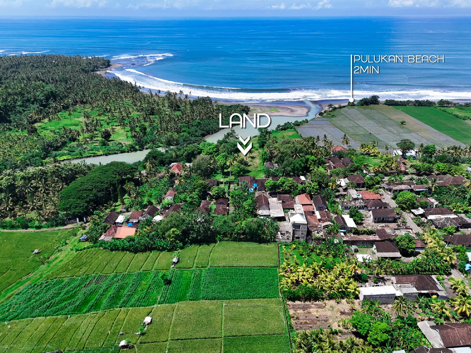 pulukan 3-00004 Aerial view of Pulukan village showing beachfront land location just 2 minutes from Pulukan Beach.