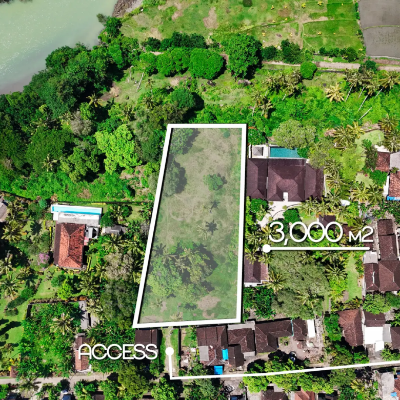 Aerial photo of 3,000 m2 land in Pulukan Bali with ocean views, river frontage, and surrounding rice fields