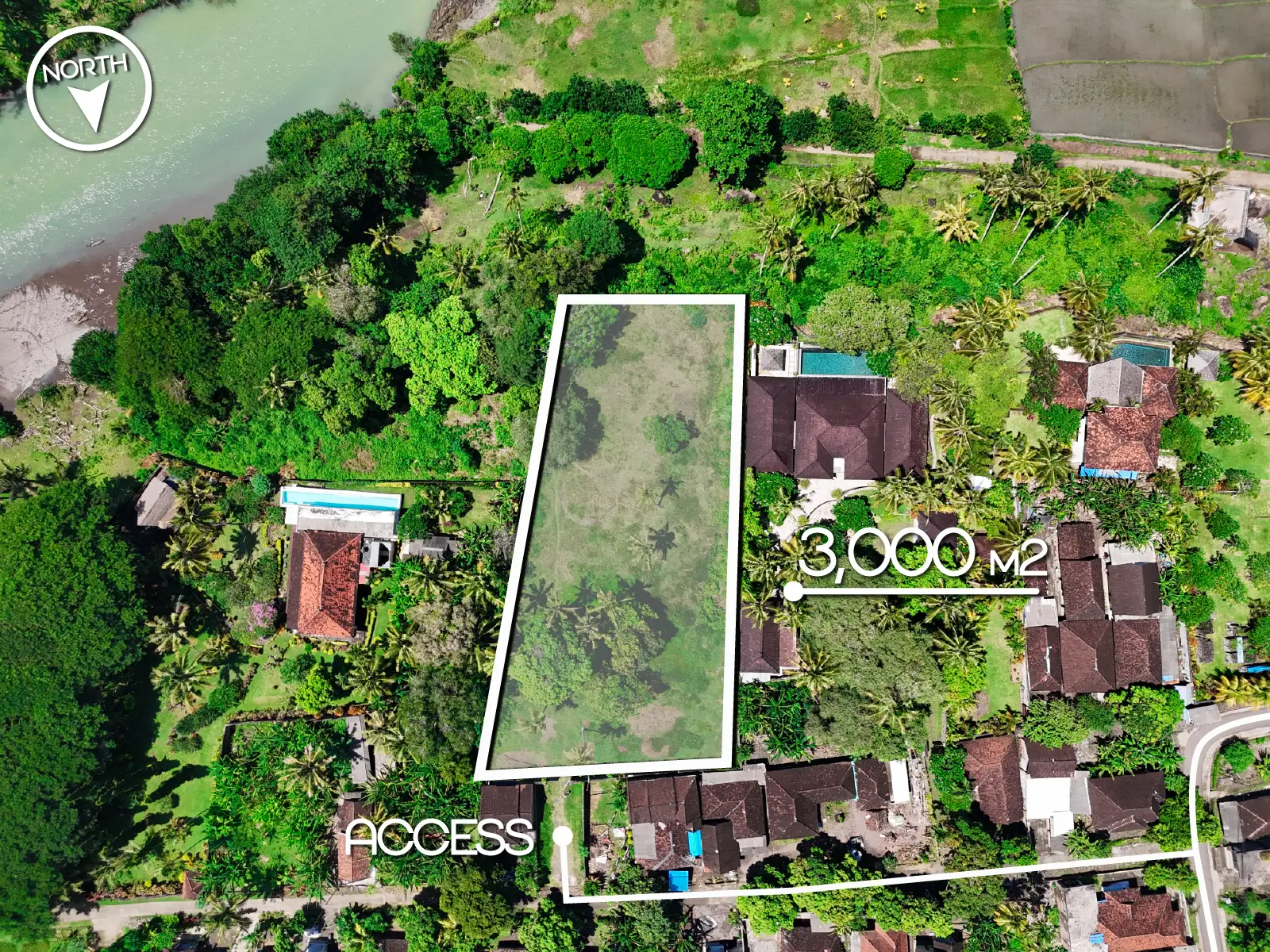 pulukan 3-00007 Aerial photo of 3,000 m2 land in Pulukan Bali with ocean views, river frontage, and surrounding rice fields