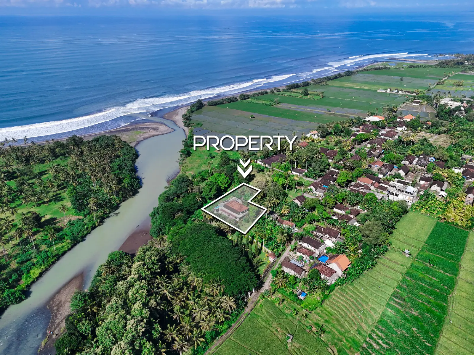 pulukan5 house-00005 Aerial view of riverfront property in Pulukan with ocean and rice field landscape