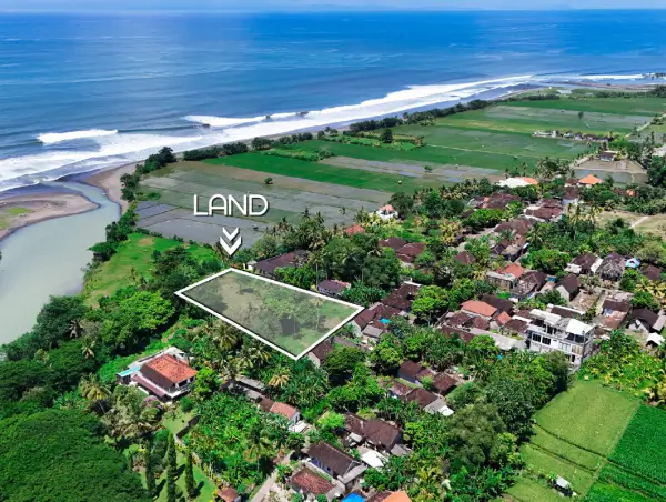 Aerial photo of 3,000 m2 land in Pulukan Bali with ocean views, river frontage, and surrounding rice fields