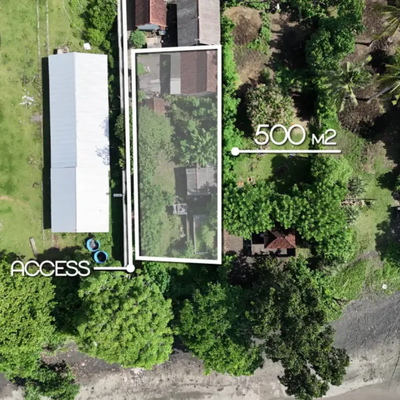 Top-down drone image showing a 500 m² beachfront land plot in West Bali with marked boundaries, private access, and mature trees