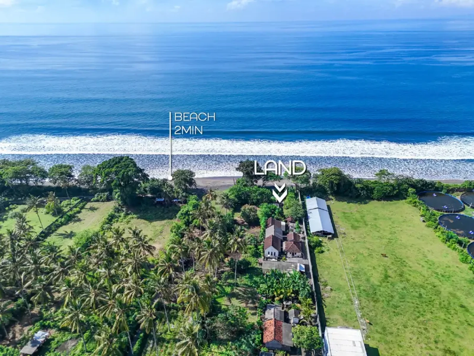 Drone view of West Bali beachfront land for sale located 2 minutes from the beach, surrounded by coconut trees and ocean views