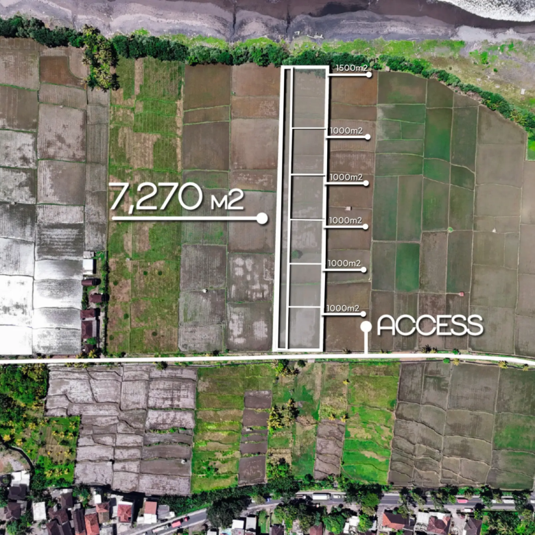 Drone map of 7,270 sqm land in Pulukan, West Bali, divided into multiple plots with private access road and close proximity to the beach