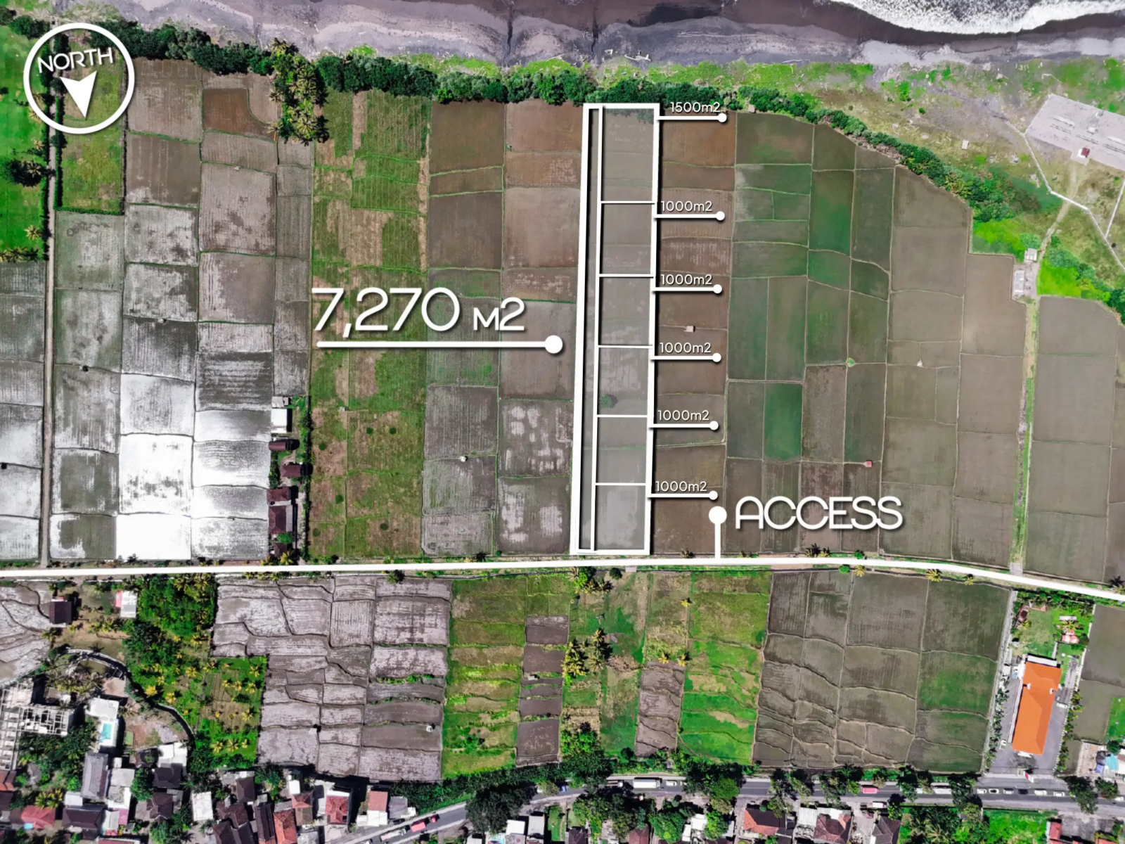 Drone map of 7,270 sqm land in Pulukan, West Bali, divided into multiple plots with private access road and close proximity to the beach