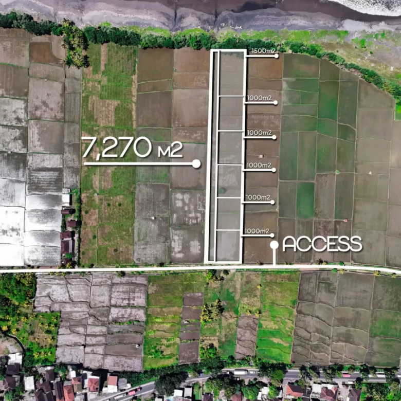Top-down drone image of a 7,270 m² beachfront land plot in West Bali with marked boundaries, access road, and direct coastline exposure