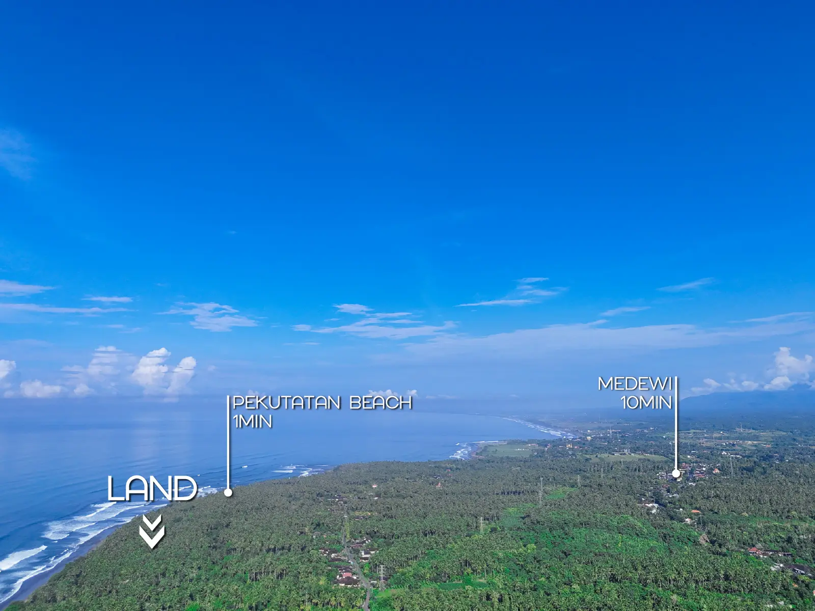 Aerial panorama of Pekutatan beachfront land for sale, located 1 minute from Pekutatan Beach and 10 minutes from Medewi surf point, overlooking lush coconut groves and the Bali coastline.