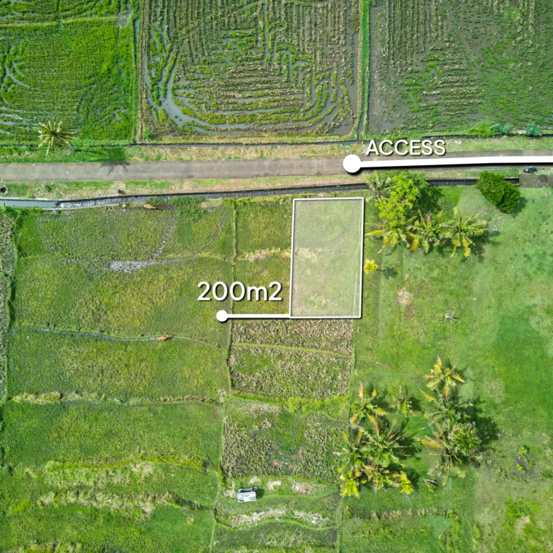 Top-down drone view of a 200m² land plot in West Bali showing clear boundary lines and private access road, ideal for villa development or investment.