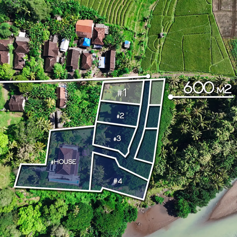 Top-down drone view of land subdivision in West Bali with multiple plots, existing house, access road, and total area of 600 square meters.