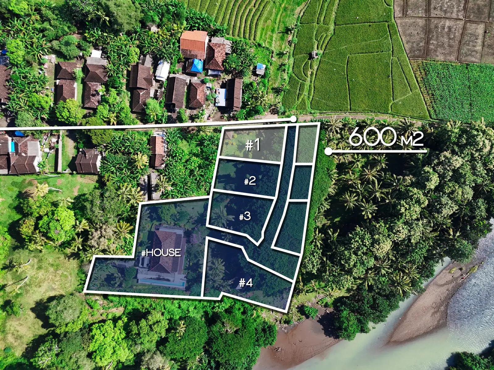 Top-down drone view of land subdivision in West Bali with multiple plots, existing house, access road, and total area of 600 square meters.