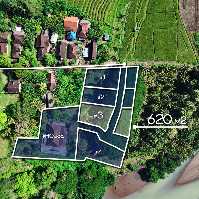 Top-down drone view of land subdivision in West Bali with multiple plots, existing house, access road, and total land size of 620 square meters.
