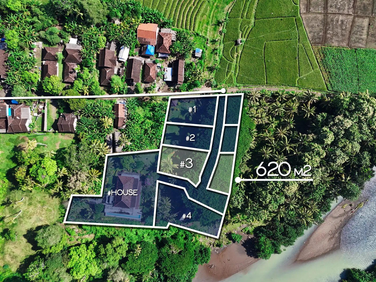 Top-down drone view of land subdivision in West Bali with multiple plots, existing house, access road, and total land size of 620 square meters.