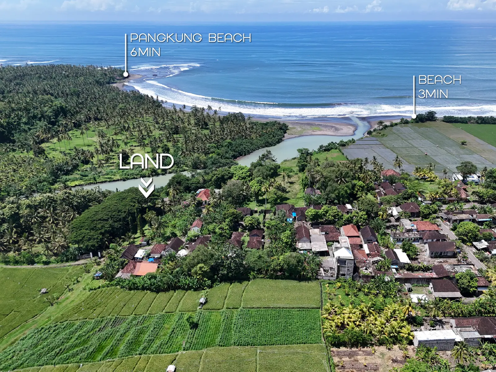 Wide aerial panorama of West Bali showing land location near Pangkung Beach, river mouth, rice fields, and village with beach access within minutes.