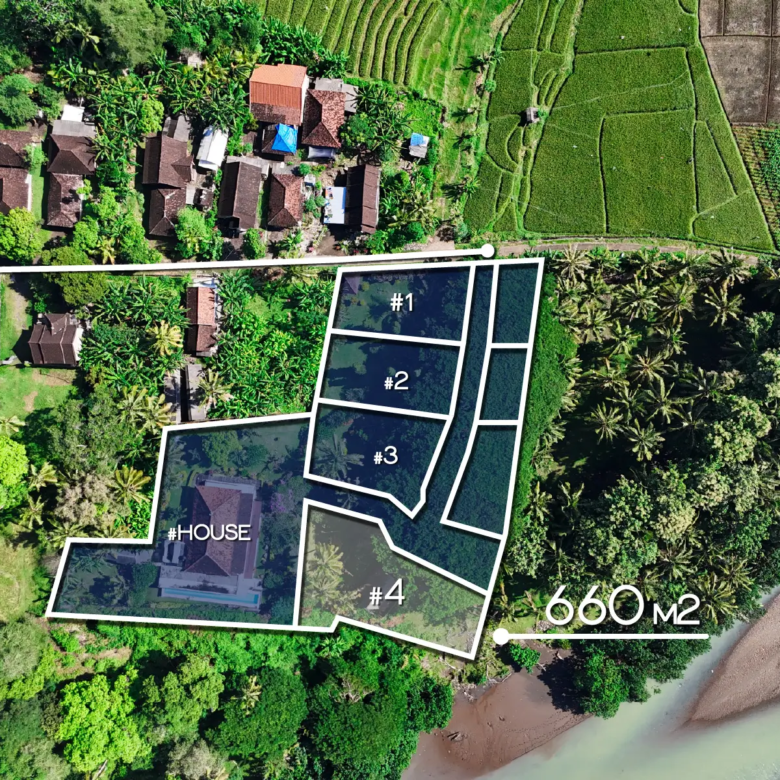 Top-down drone view of land subdivision in West Bali with multiple plots, existing house, access road, and total land size of 660 square meters.