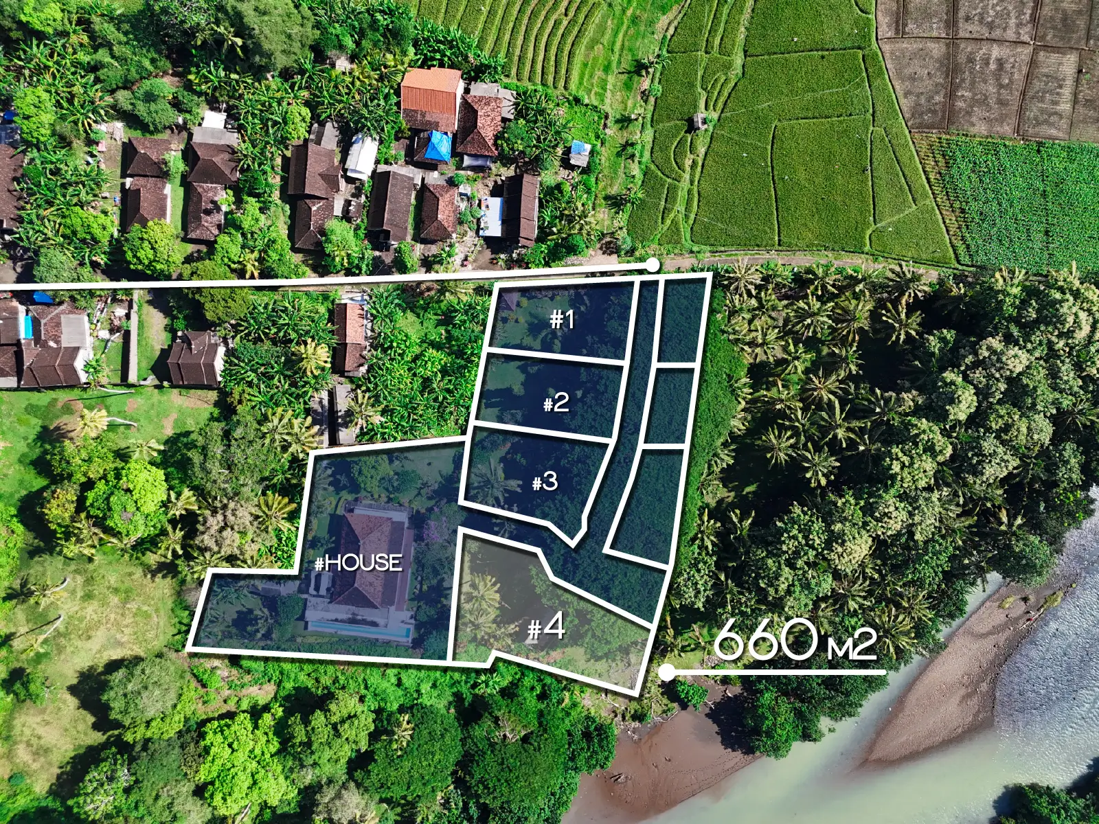 Top-down drone view of land subdivision in West Bali with multiple plots, existing house, access road, and total land size of 660 square meters.