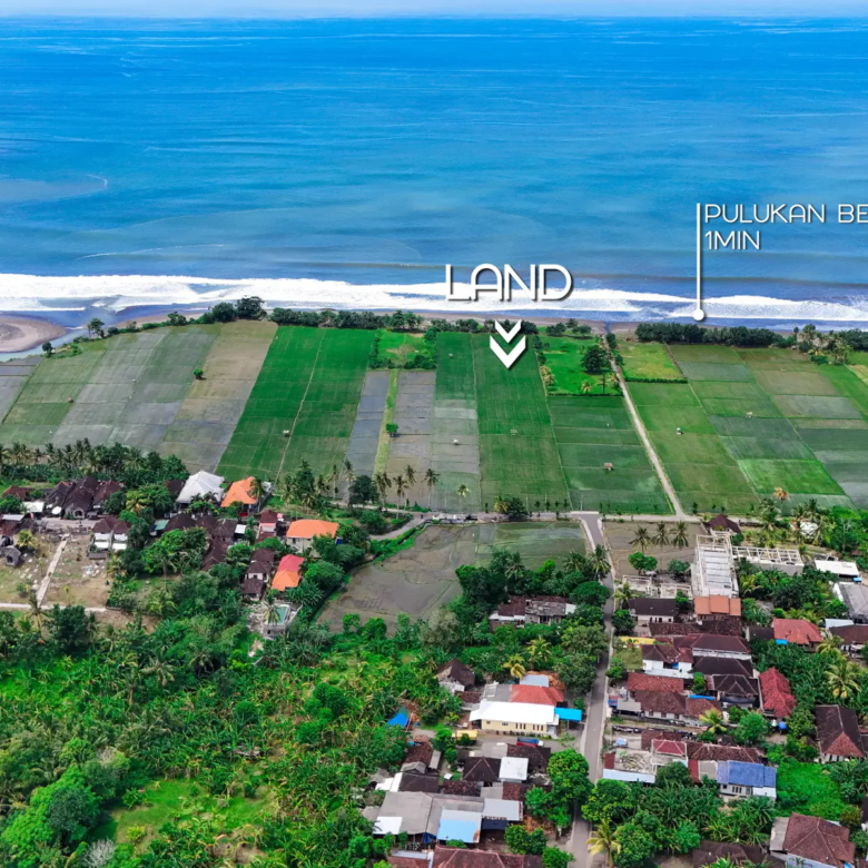 Aerial photo of Pulukan land for sale just 1 minute from the beach, featuring expansive rice fields, ocean waves, and nearby residential village.