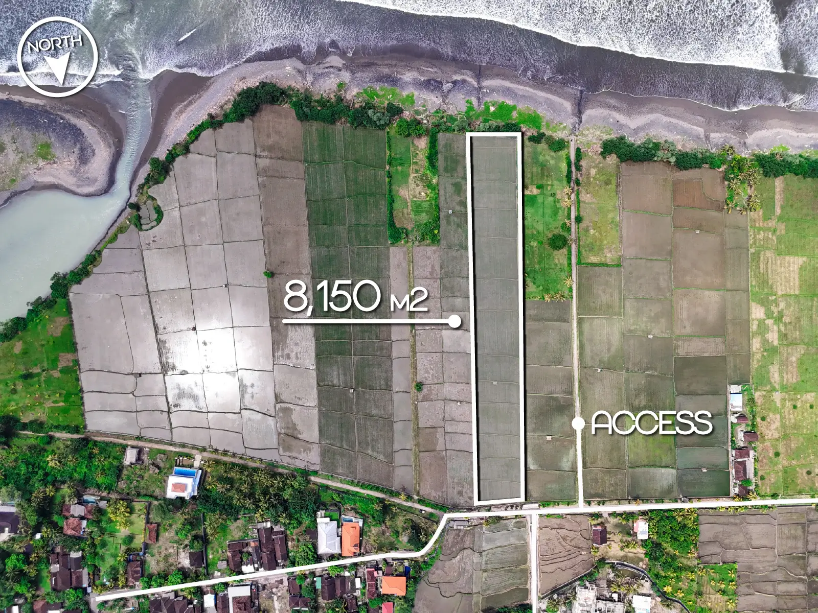 Top-down drone image of an 8,150 m² oceanfront land plot in Pulukan, West Bali, showing long rectangular shape, private road access, and direct beach frontage.