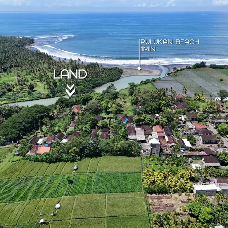Drone view showing West Bali land for sale located 1 minute from Pulukan Beach, surrounded by rice fields, village homes, and a river estuary