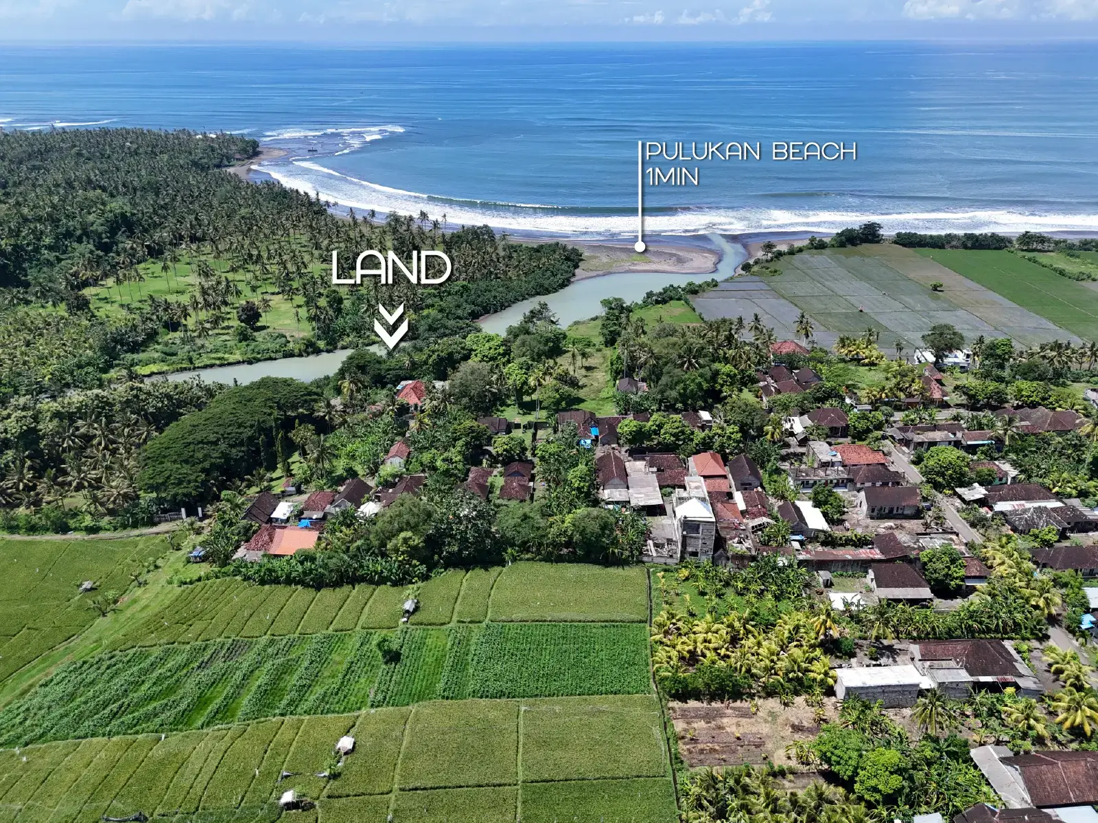 Drone view showing West Bali land for sale located 1 minute from Pulukan Beach, surrounded by rice fields, village homes, and a river estuary