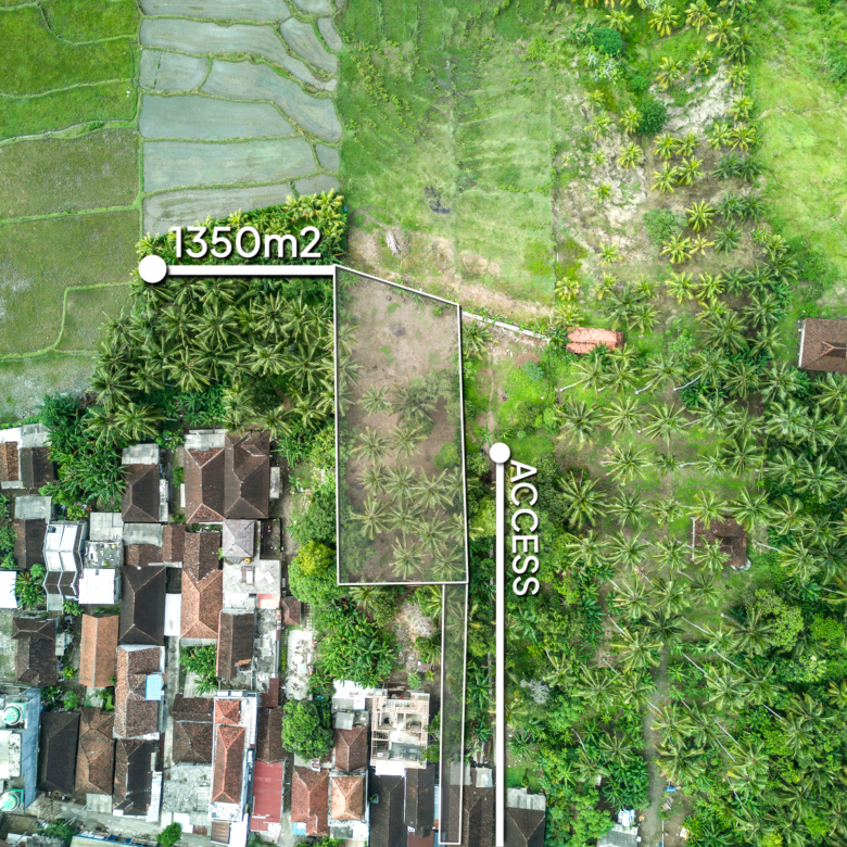 Top-down drone view of a 1350 m² land plot in West Bali with marked boundaries, private access road, and rice fields surrounding the property