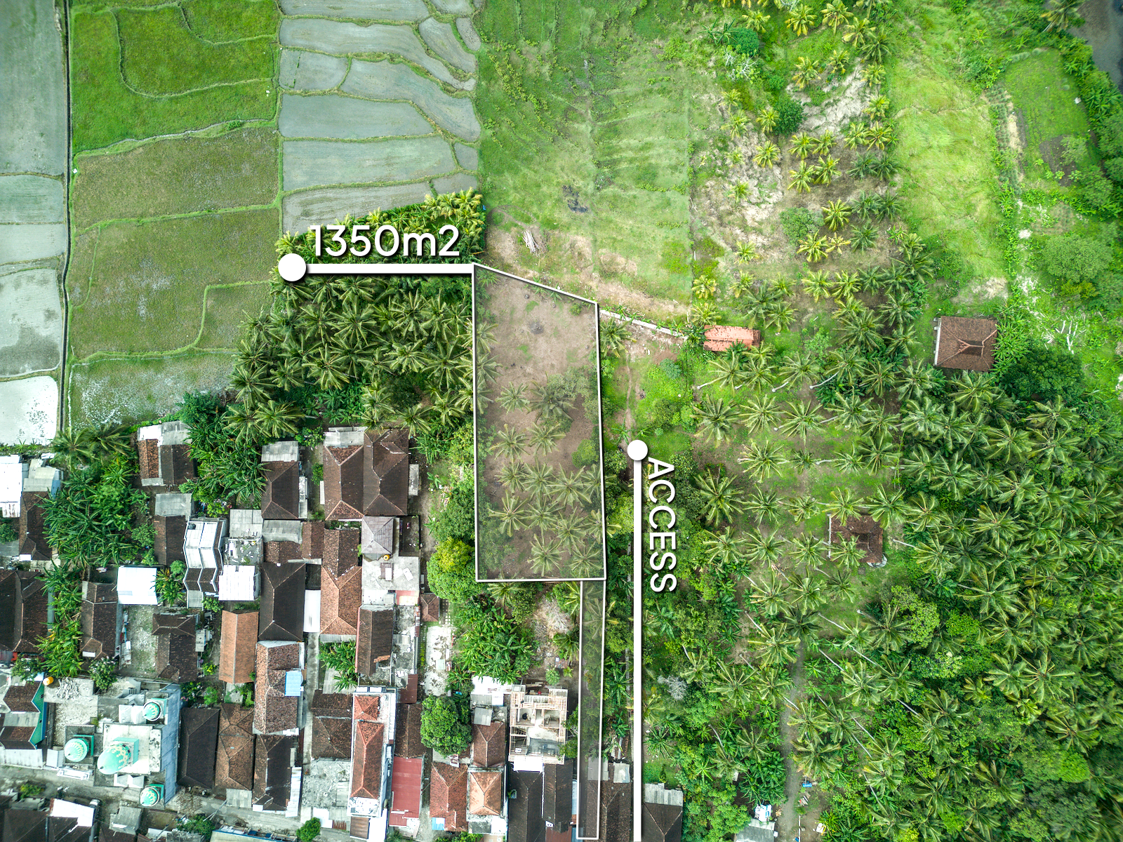 Top-down drone view of a 1350 m² land plot in West Bali with marked boundaries, private access road, and rice fields surrounding the property