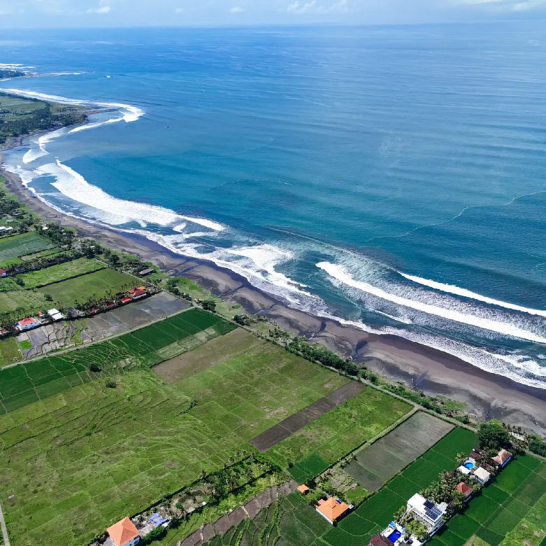 Wide coastal aerial view of West Bali showing black-sand beaches, rolling waves, and surrounding green rice terraces and farmland