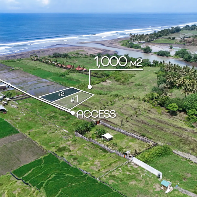 Drone image marking a 1,000 m² land plot for sale in West Bali with clear boundaries, direct access road, and sweeping views of the ocean and river