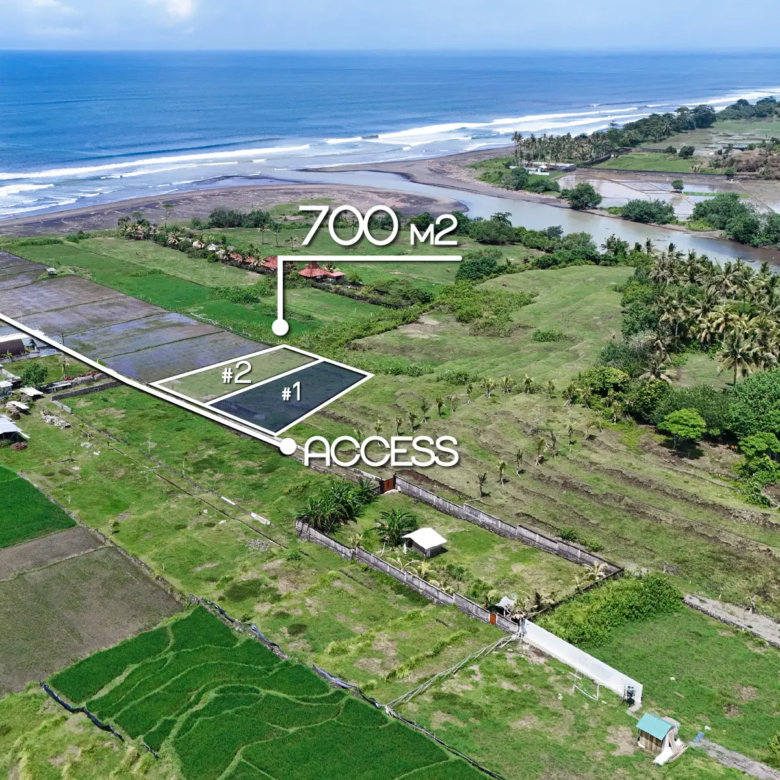 Drone image highlighting a 700 m² land plot for sale in West Bali with clear boundary lines and direct access road