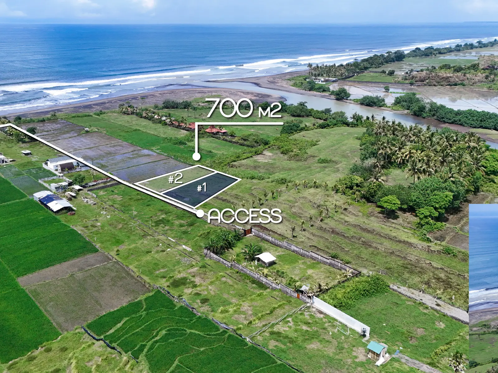 Drone image highlighting a 700 m² land plot for sale in West Bali with clear boundary lines and direct access road