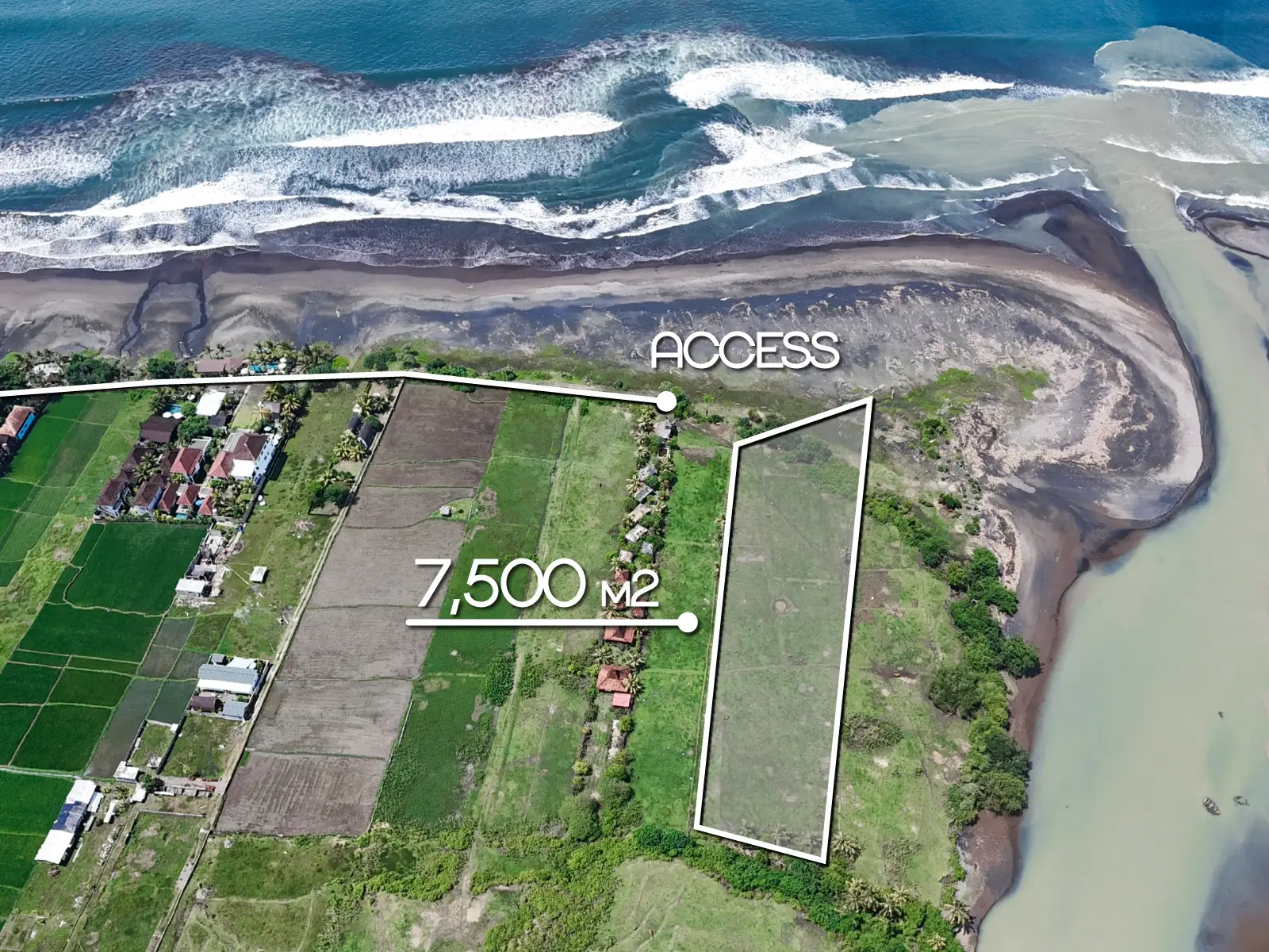 yehsumbul 2-00002 Top-down drone image of a 7,500 m² beachfront land plot in West Bali with marked boundaries, access point, and direct frontage to the ocean