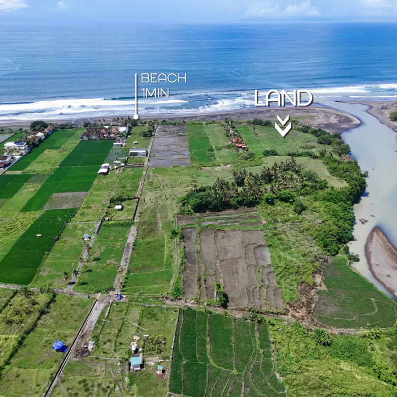 Aerial view of West Bali showing a 1-minute-to-beach land location surrounded by rice fields, river estuary, and long black-sand coastline