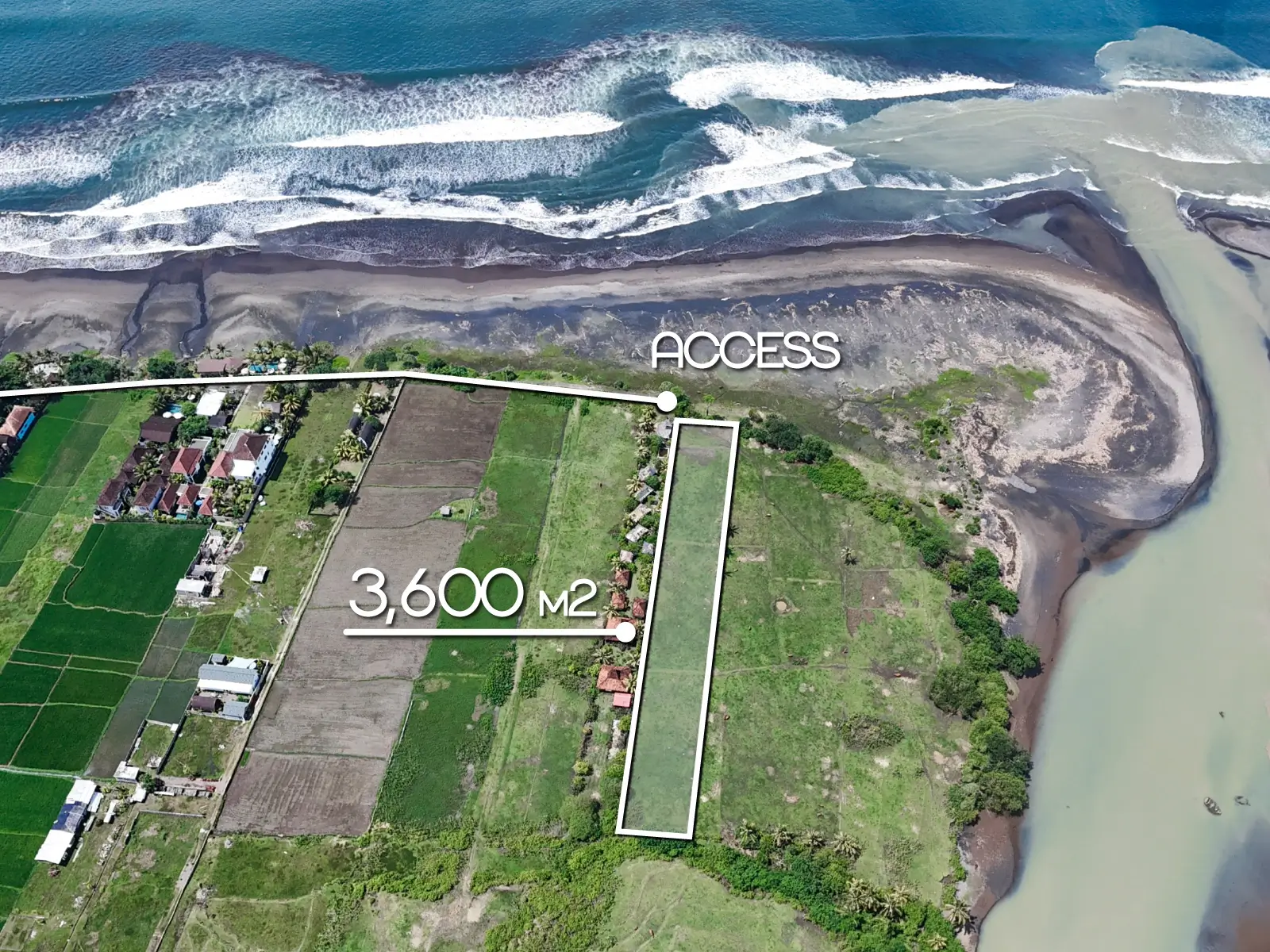 yehsumbul 3-00007 Top-down drone image marking a 3,600 m² beachfront land plot in West Bali, with direct access and panoramic ocean and river views