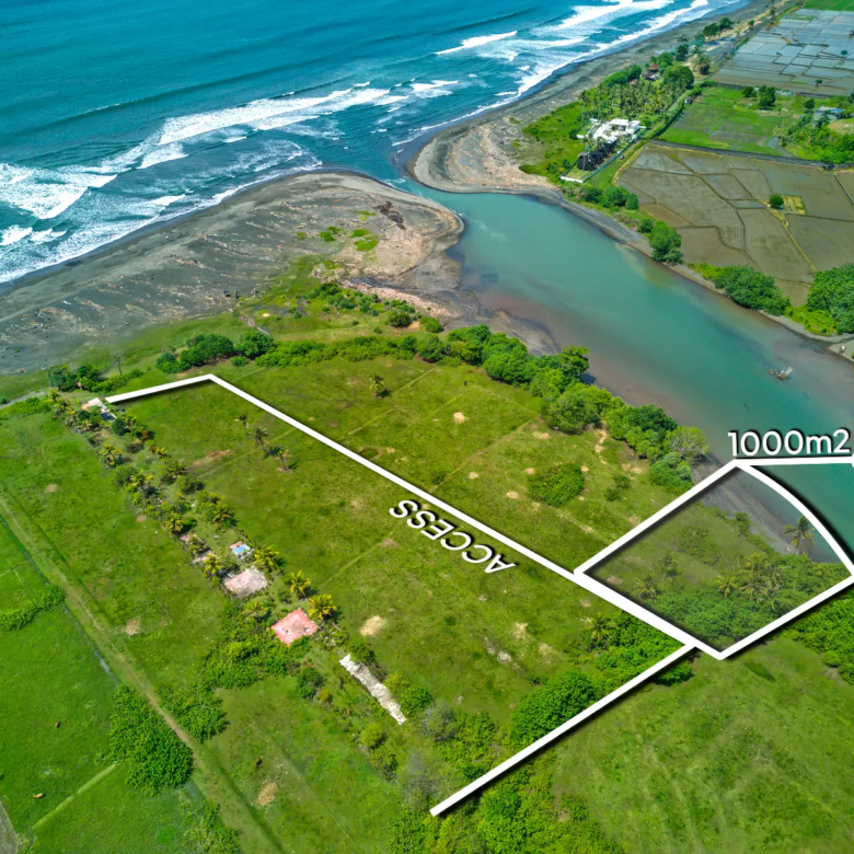 Top-down drone image of a 1,000 m² beachfront lagoon-front land plot in West Bali, showing private access road, curved river boundary, and flat land ready for development.
