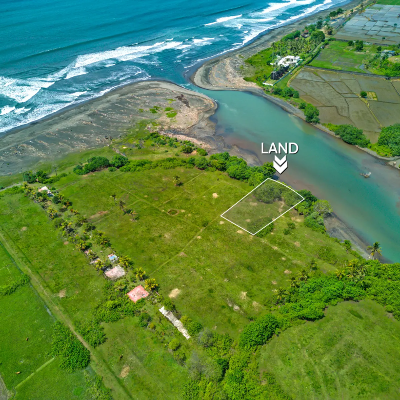 Top-down drone image of a 1,000 m² lagoon-front land plot in West Bali, showing private access road, curved river boundary, and surrounding greenery.