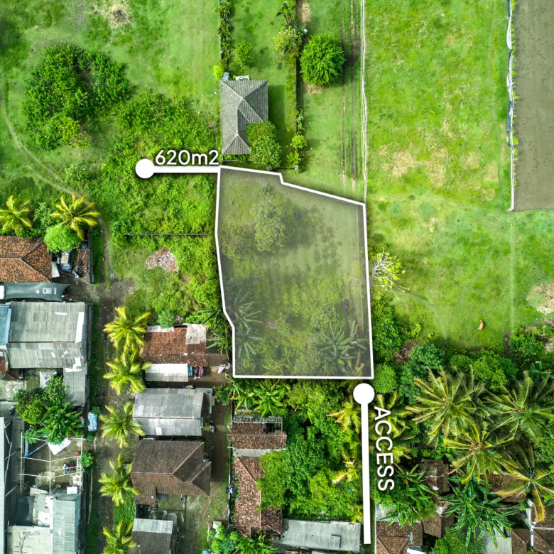 Top-down drone image highlighting a 620 m² land plot in West Bali with marked boundaries, private access, and lush vegetation
