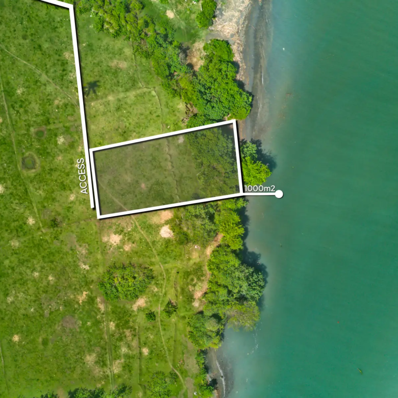 Top-down drone image of a 1,000 m² riverfront land plot in West Bali, showing curved lagoon boundary, private access road, and lush green surroundings.