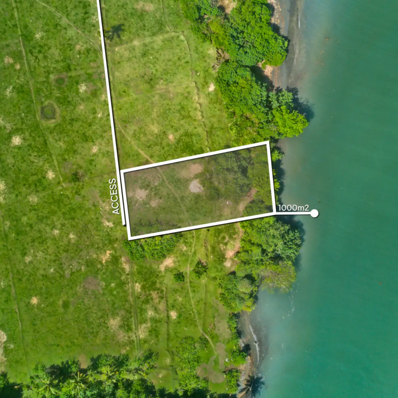 Aerial view of a 1,000 m² riverfront land plot in West Bali, located steps from the beach with turquoise lagoon water, ocean waves, and open green fields.