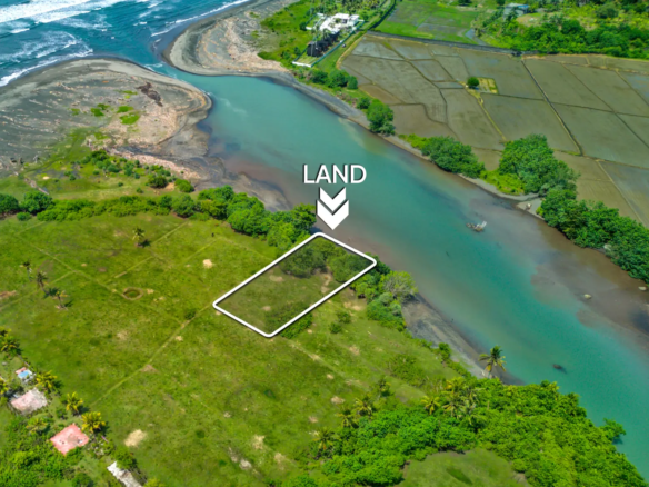 Aerial view of a 1,000 m² riverfront land plot in West Bali, located steps from the beach with turquoise lagoon water, ocean waves, and open green fields.