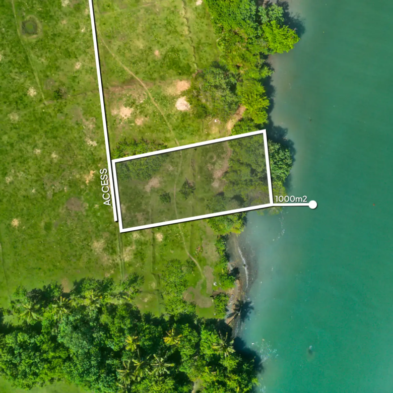 Top-down drone image of a 1,000 m² lagoon-front land plot in West Bali, showing private access, curved river boundary, and open flat land suitable for development.