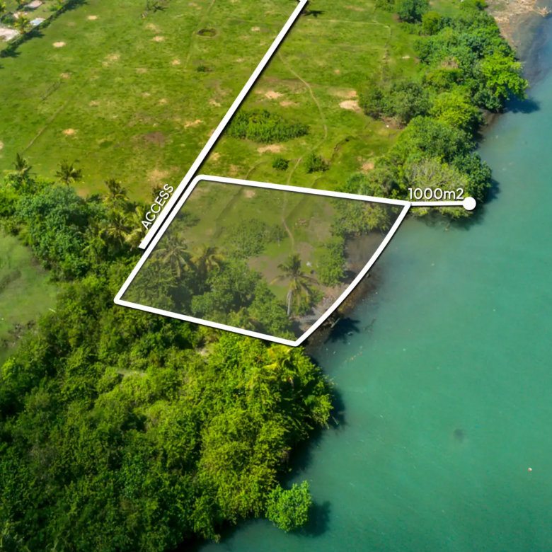 Top-down drone image of a 1,000 m² beachfront lagoon-front land plot in West Bali, showing private access road, curved river boundary, and flat land ready for development.