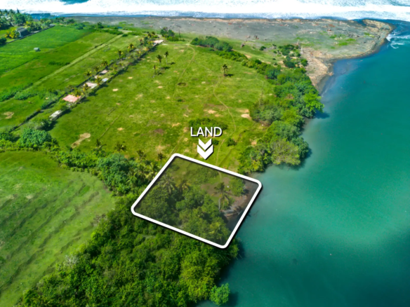 Top-down drone image of a 1,000 m² beachfront lagoon-front land plot in West Bali, showing private access road, curved river boundary, and flat land ready for development.